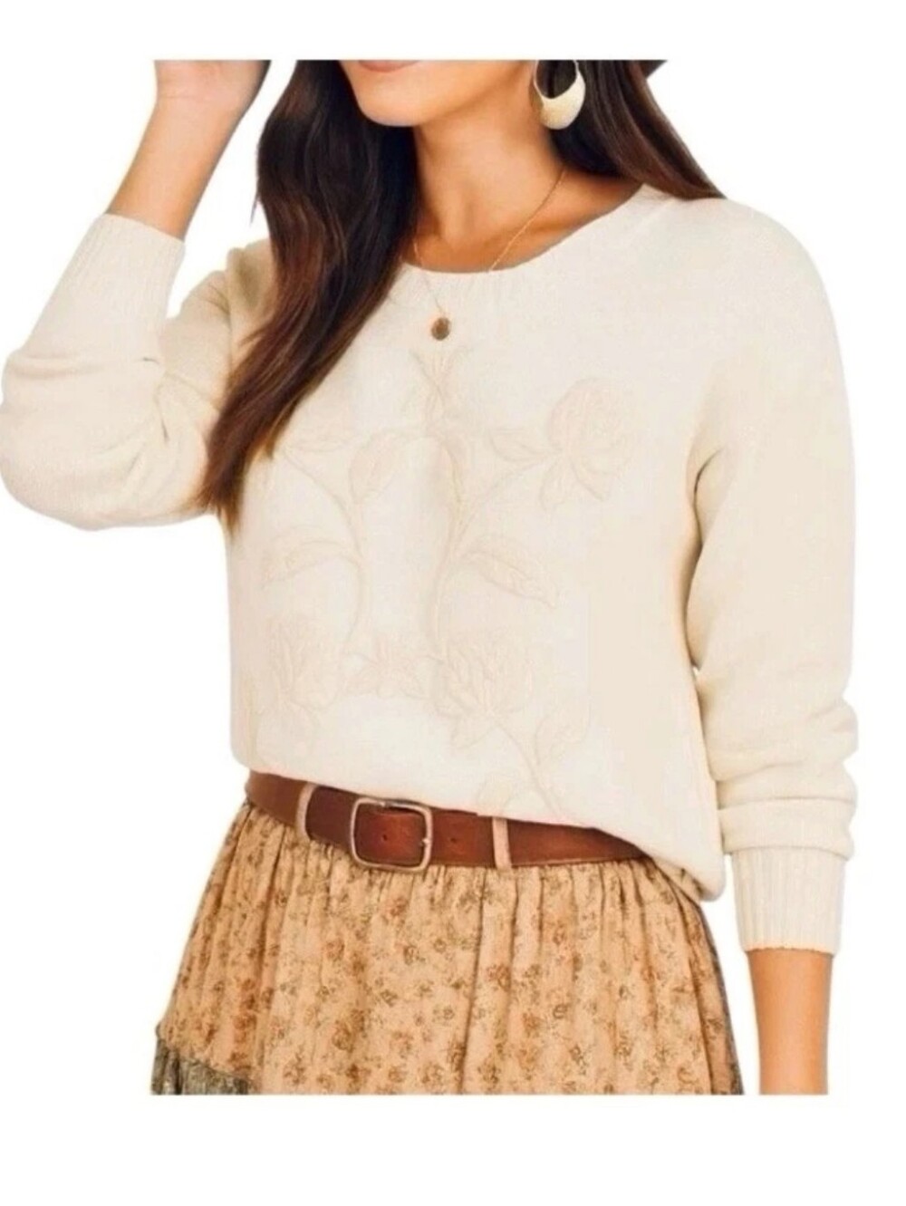 Haute Hippie Sweater XS Ivory Floral Vine Embroidered Boho Cottagecore Romantic